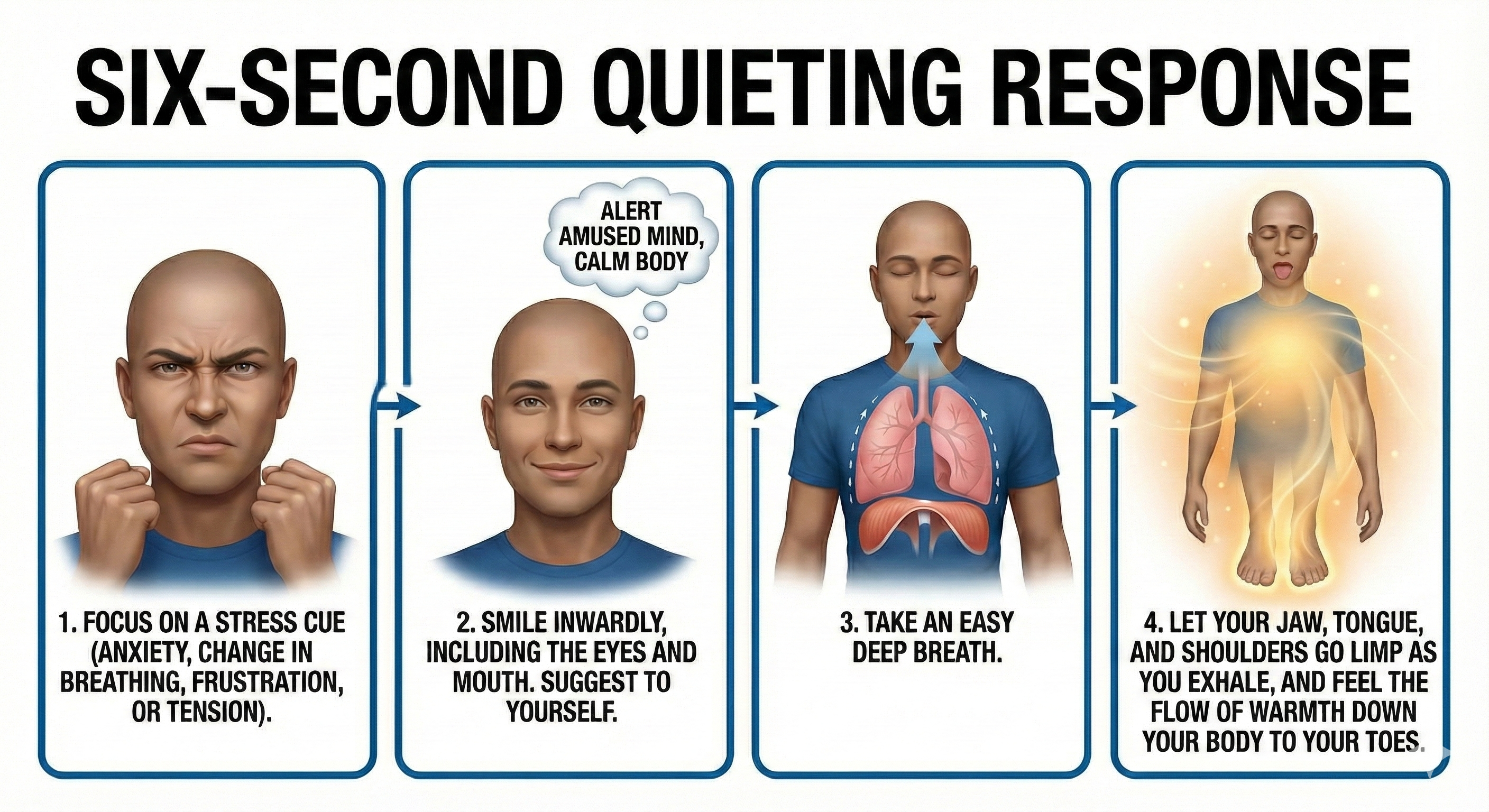 Diagram of the four corrective stages of the six-second Quieting Response